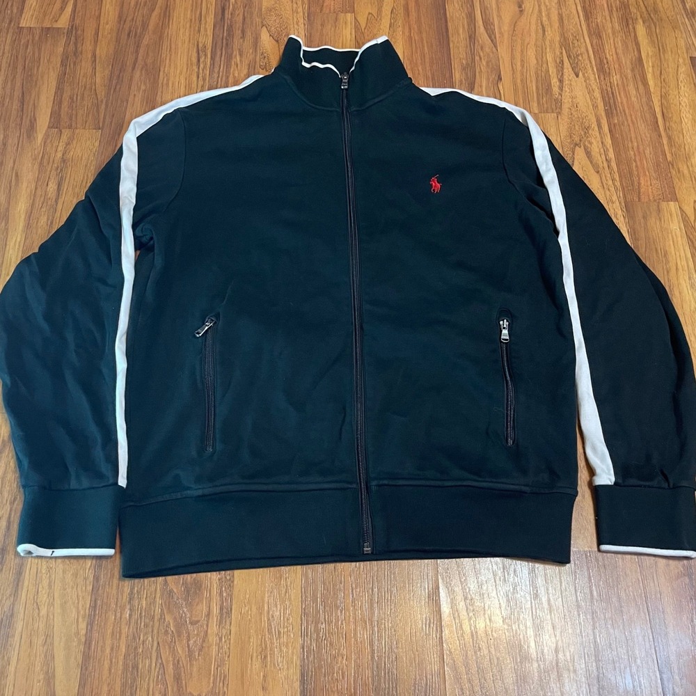 Polo Ralph Lauren Track Jacket Mens Medium Black White Stripe Red Pony Full Zip